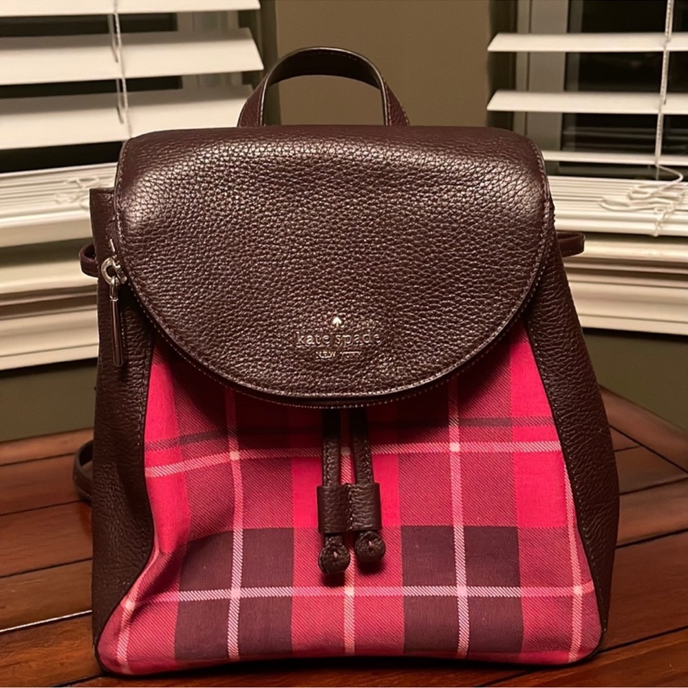 Kate Spade “Leila” Brown Leather & Pink Plaid Backpack, Lk New